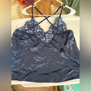 Navy Blue Satin Chemise with Lace Trim